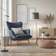 Scandinavian living room with a navy blue armchair, wooden legs, soft fabric, natural light, and a minimalist aesthetic.