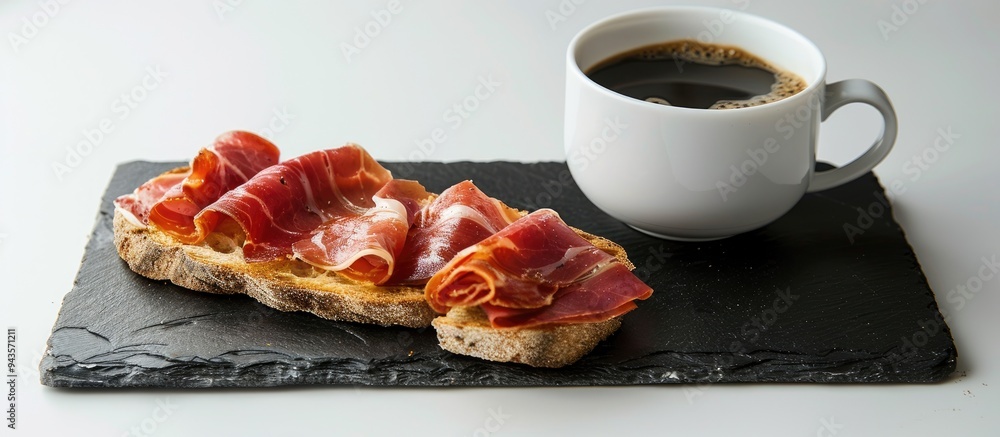 Poster a spanish lunch composed of a slice of bread topped with tomato and iberian ham served with a cup of