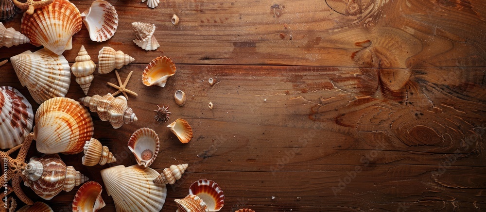 Poster top view of sea shells in various sizes shapes and colors on a brown wooden surface with a close up 
