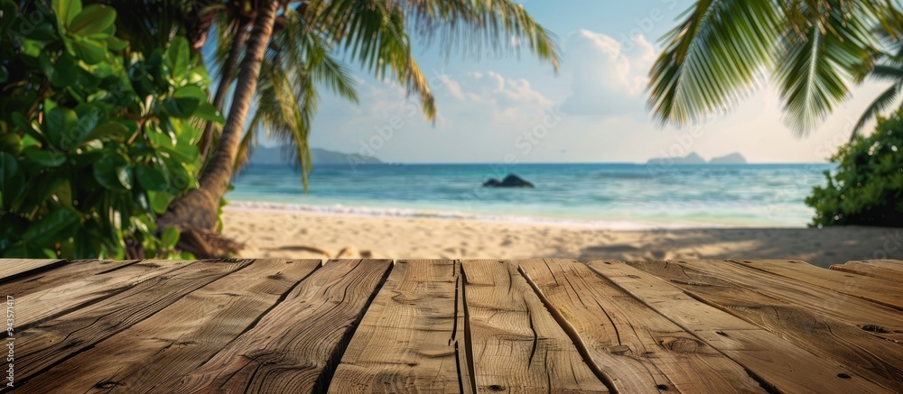 Poster a wooden table against a tropical beach backdrop of sandy shores and palm trees creates a captivatin