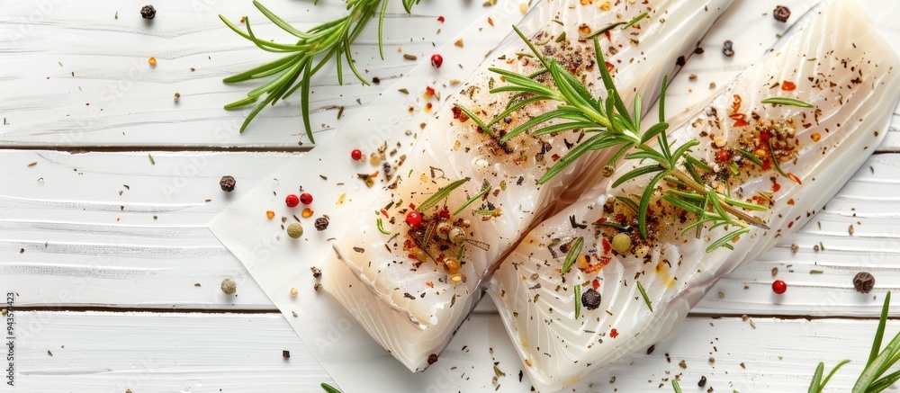 Poster close up of raw cod fish rosemary and spices on a white wooden table with space for text in the imag