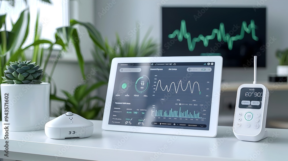 Poster remote patient monitoring setup with tablet displaying vital signs for continuous digital healthcare