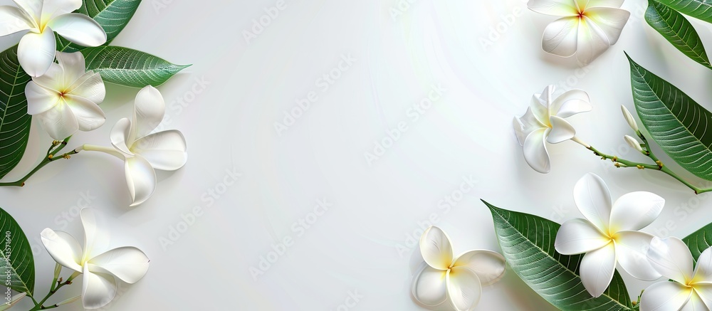 Canvas Prints Copy space image of a white plumeria plant on a white background with blossoming flowers leaves and branches