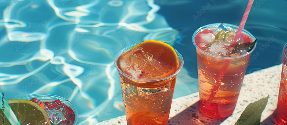 Poster Hydrating with cool drinks on hot days is refreshing especially when enjoyed with friends Ideal for sharing a moment captured in a copy space image