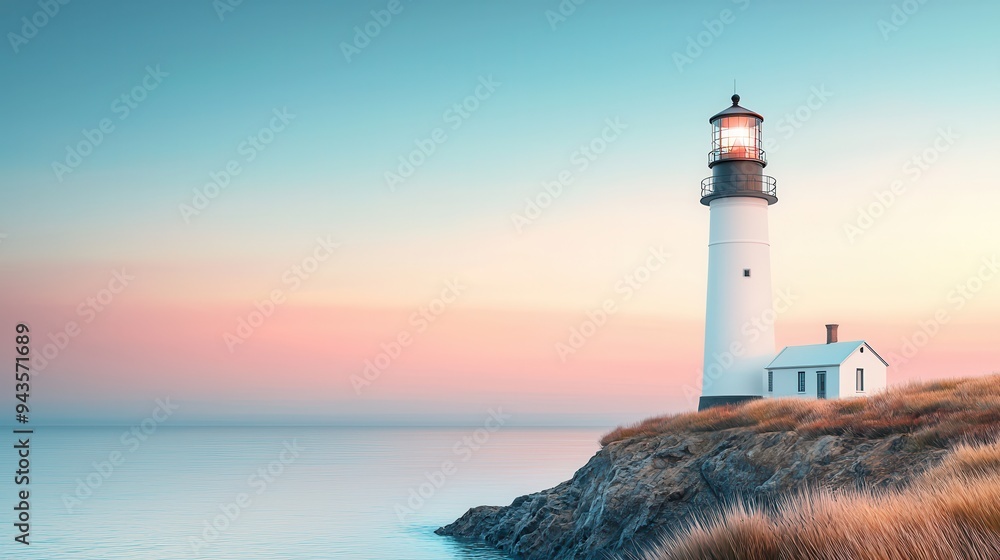 Poster Lighthouse on a cliff with sunset sky.