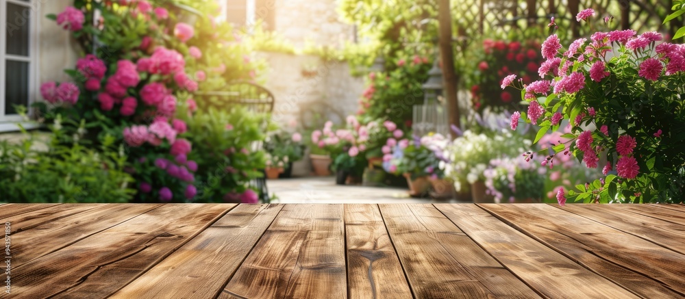 Poster wooden table providing copy space image against blurred garden view from a home window ideal for sho