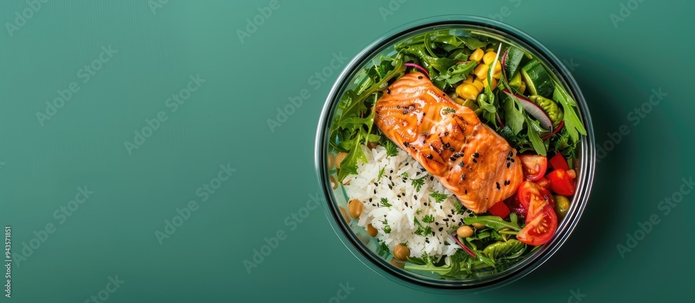 Fototapete glass container holding a nutritious meal of fresh salad salmon and rice with a green backdrop in a 