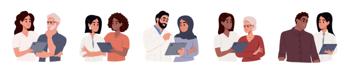 Doctors and people of different races and ages. Doctors talk to patients using tablet in consultation. Vector illustration in a simple style