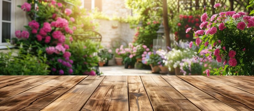 Fototapeta Wooden table providing copy space image against blurred garden view from a home window ideal for showcasing advertising products
