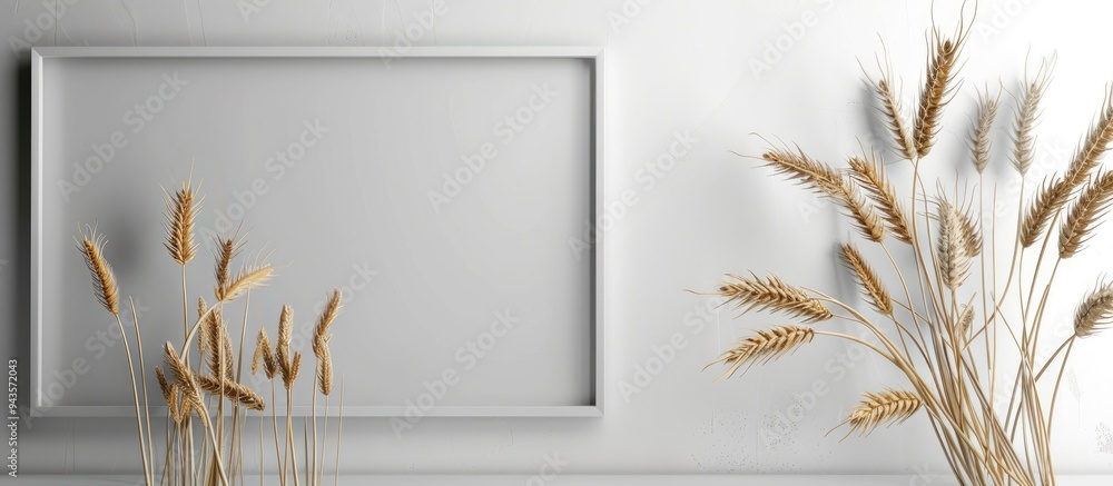 Poster Minimalist agricultural concept with a group of wheat ears and a photo frame on a silver backdrop providing ample copy space for text in the image