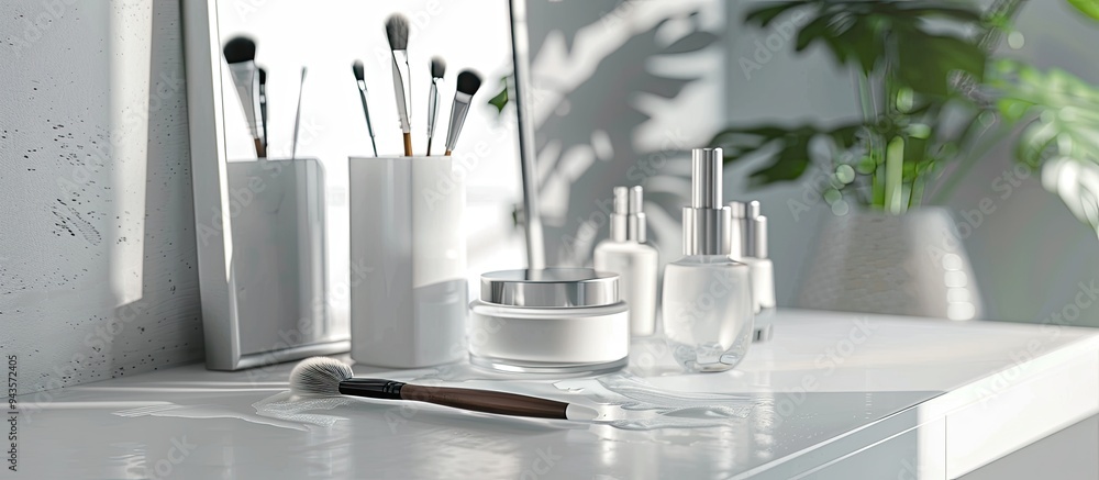 Poster chemical peel application setup with brush on white table indoors ideal for a copy space image