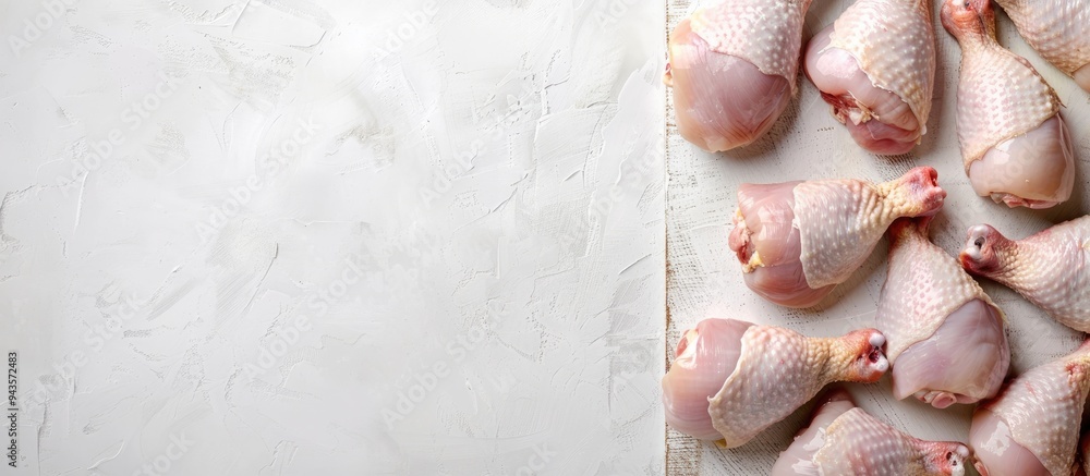 Aufkleber Top view of raw poultry drumsticks on a butcher board against a white background with space for text or graphics copy space image