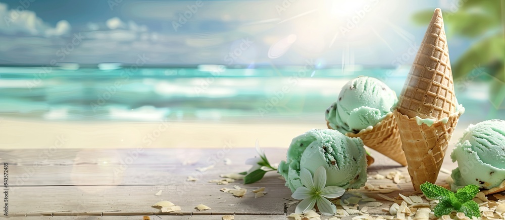 Aufkleber a summer themed copy space image featuring mint ice cream scoops in waffle cones on a wooden table s