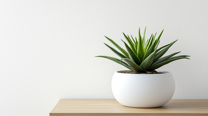 Minimalist white potted plants on wooden table, with white background, Ai generated Images