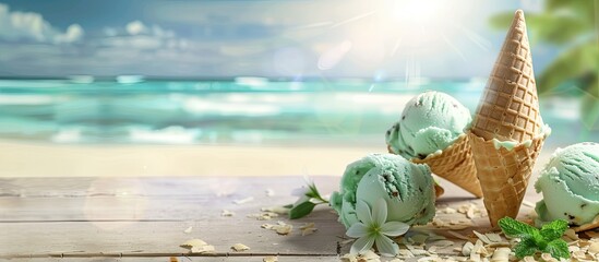 A summer themed copy space image featuring mint ice cream scoops in waffle cones on a wooden table set against a blurred tropical beach backdrop