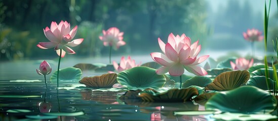 A stunning large lotus bloom is opening in the pond with a captivating copy space image