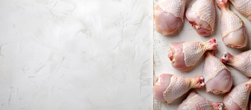 Top view of raw poultry drumsticks on a butcher board against a white background with space for text or graphics copy space image