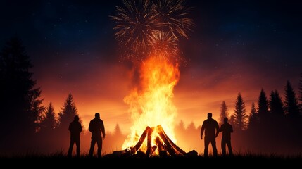 Fototapeta premium Friends enjoy a bonfire under fireworks in a forest during a summer night gathering