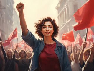 Empowered activist raises fist during rally, surrounded by supporters waving flags in a historic urban setting. 
