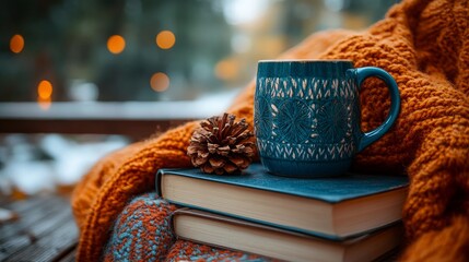 A cozy gathering of books, a mug, and a pinecone on a knitted blanket in a serene winter setting