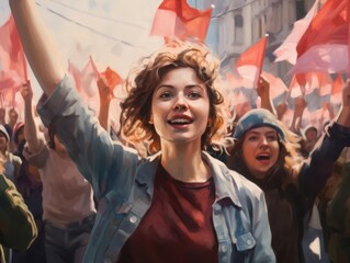 Activists rallying for change, waving flags and expressing solidarity in a vibrant city street during a sunny afternoon. 