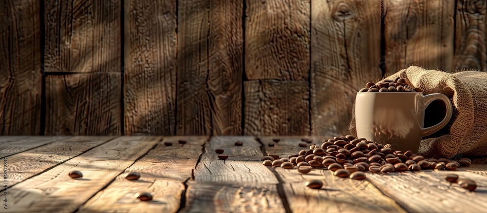 Poster coffee cup beans and sack on a wooden floor with a copy space image