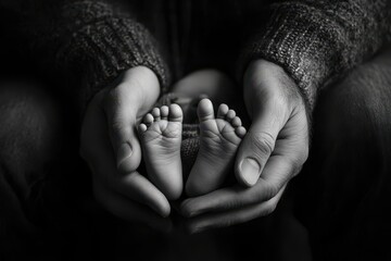 Black and white close-up of adult hands holding tiny baby feet
