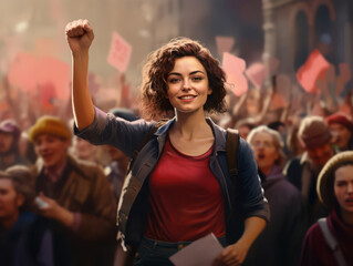 Activists rally for change with raised fists and vibrant signs in a city square during a peaceful demonstration. 