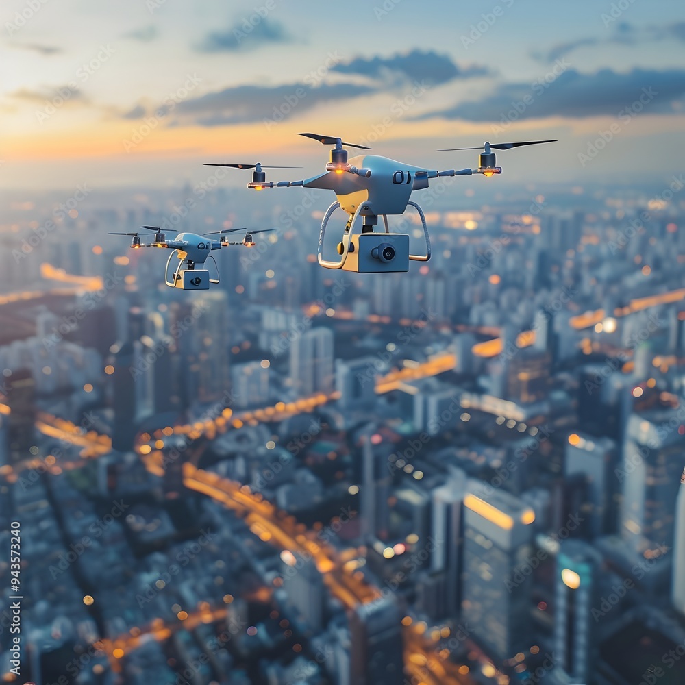 Poster autonomous delivery drones soaring over a futuristic smart city skyline optimizing package distribut