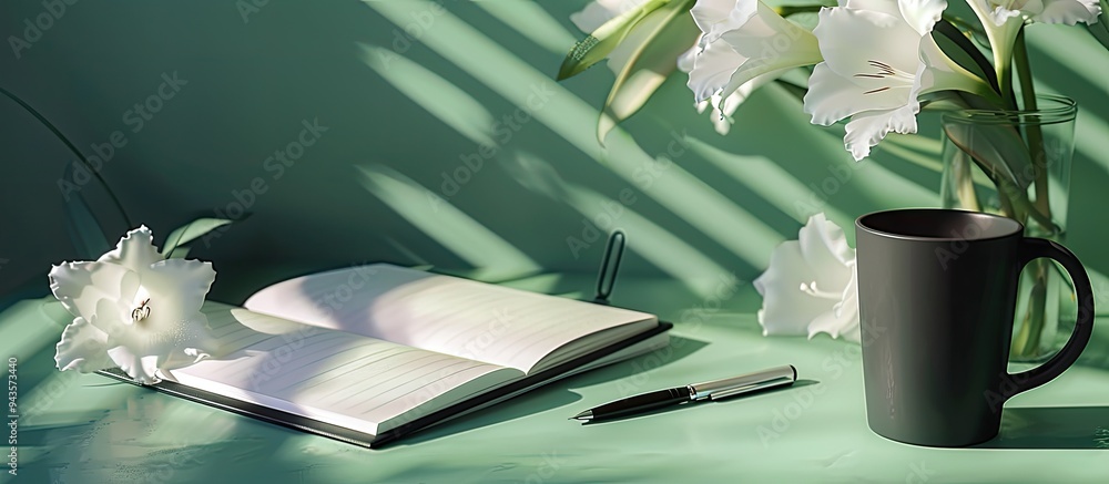 Poster festive office desk concept featuring a summer themed arrangement with an open blank notepad a black