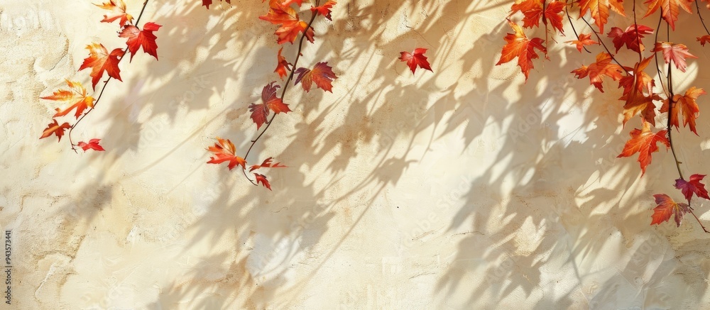 Poster cream colored shades depict an abstract autumnal scene with maple tree leaves creating shadows on a 