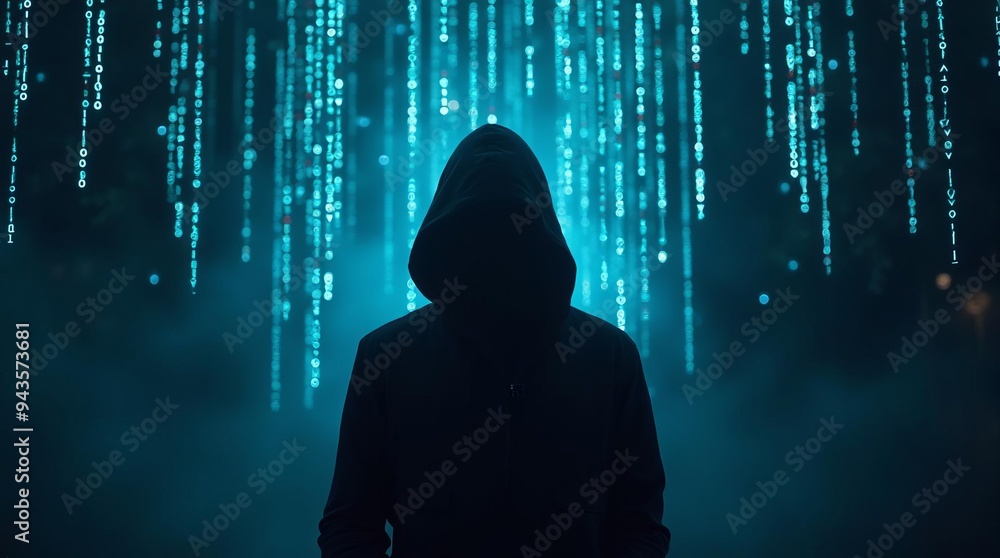 Poster mysterious hacker silhouette: cybercrime threat in digital matrix environment with glowing green dat
