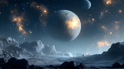 A distant planet, with a bright, glowing, surface, hangs in the sky above a rocky, gray, alien landscape.