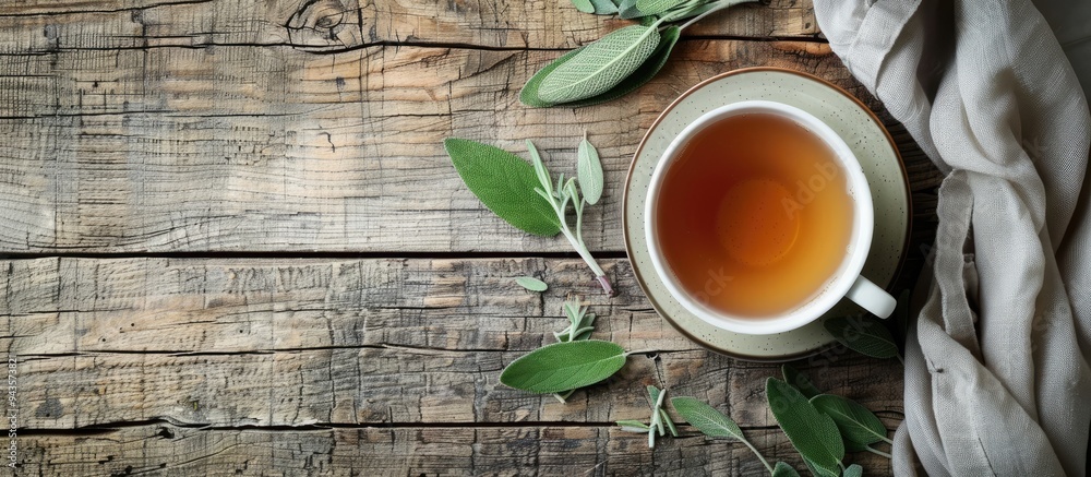Poster Top view of a cup of fragrant herbal tea with sage on a wooden table ideal for adding text Includes copy space image
