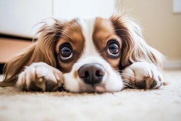 Naklejka premium An adorable dog with expressive big eyes lays on the carpet, looking endearing and capturing pet lovers' hearts.