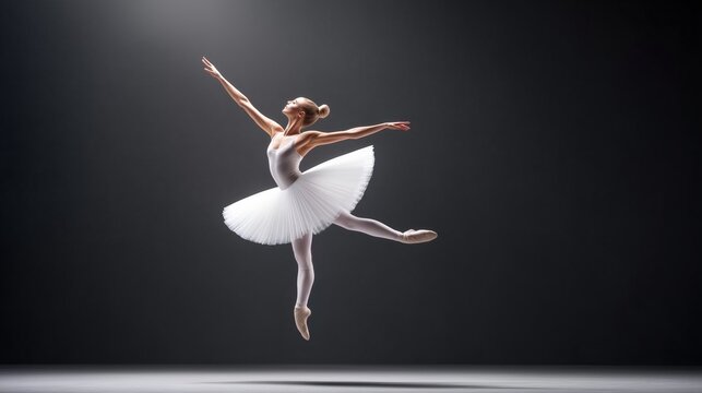 Fototapeta A graceful ballerina performing an elegant dance in a spotlight on a dark stage during a professional ballet rehearsal.