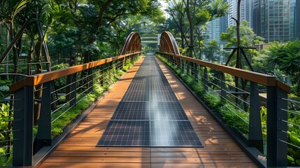 Fototapeta premium Sustainable Pedestrian Bridge with Solar Panels and Lush Greenery in Urban Setting