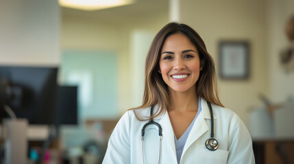 Portrait of  Latina female woman doctor in white coat with stethoscope smiling clinic hospital background
