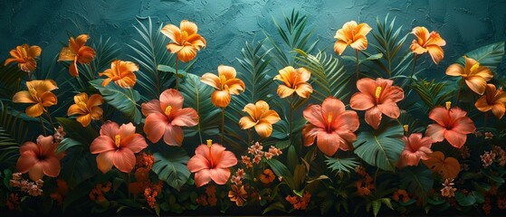 Fototapeta premium Vibrant Tropical Blooms and Lush Foliage Against a Teal Background