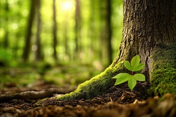 Obraz premium A young green sapling with vibrant leaves grows beside a large, moss-covered tree trunk in a lush forest, illuminated by soft, warm sunlight filtering through the trees.