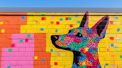 Colorful Geometric Dog Mural on Bright City Wall