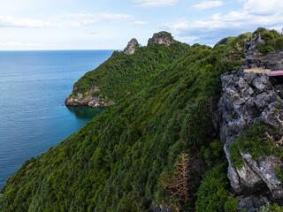 Aerial view sea beach mountain island tropical rainforest