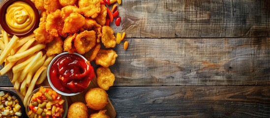 Close up of a wooden serving board with various fried snacks and sauces creating an appetizing copy space image