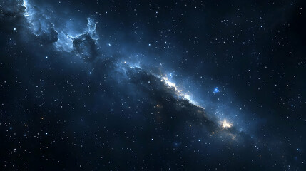 A dramatic view of a galaxy in space, with a blue and white nebula in the foreground.