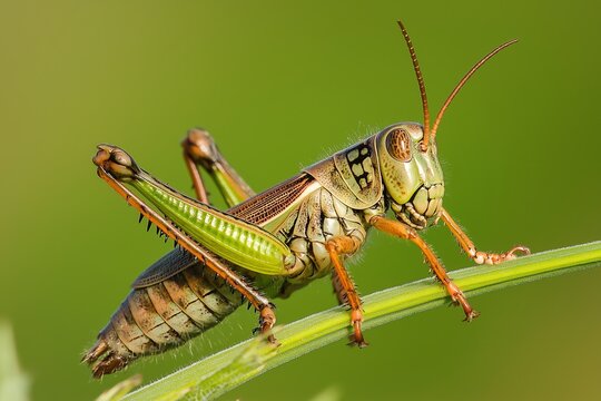 Macro shot of a green grasshopper standing on a grassy blade, showing detailed textures and natural colors.