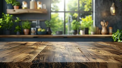 Plan de travail en bois, arrière plan cuisine flou, , pour intégration produits, ou décor graphique, style mockup