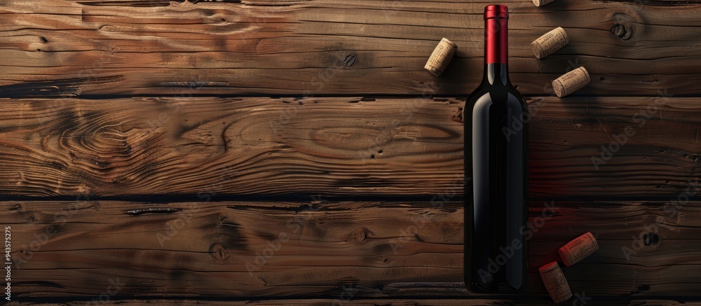 Wall mural red wine bottle with corks on a wooden surface with copy space image