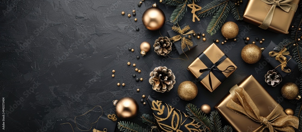 Poster Elegant Christmas table arrangement featuring gold and black decor a present and pine branch on a flat lay offering a top view with copy space image included