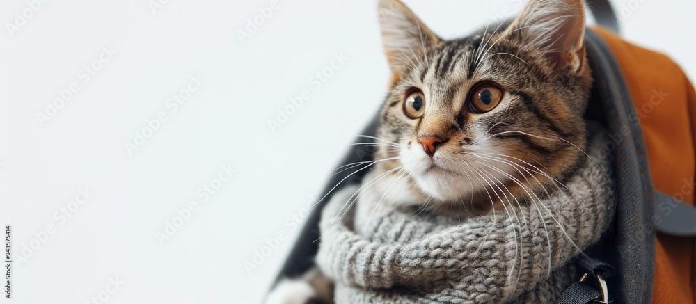 Poster Adorable cat in a backpack carrier on a white backdrop with copy space image