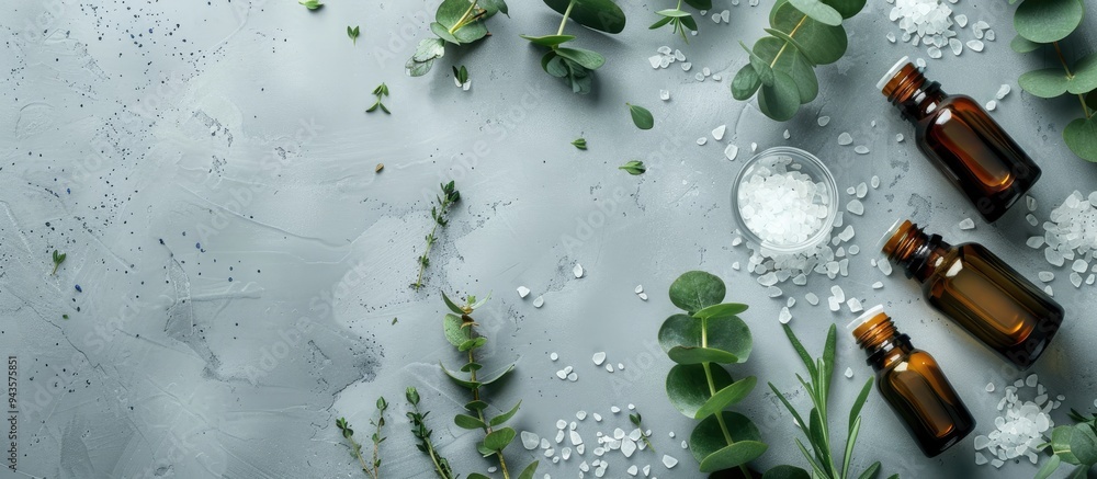 Aufkleber Aromatherapy items like essential oil bottles sea salt and eucalyptus branches on a grey background in a flat lay composition with room for text in the image. Creative banner. Copyspace image